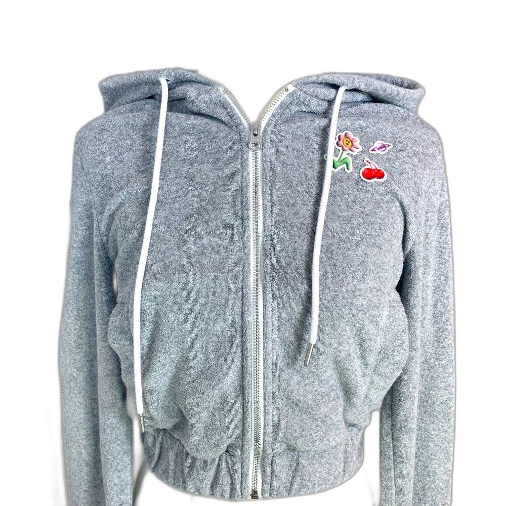 Kirsh Gray Cropped Hoodie Zip Up Sweatshirt Cherry Flower Patch Size 1 Juniors